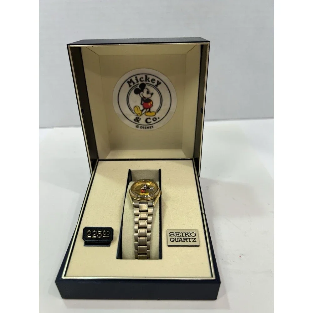 Vintage Seiko Mickey Mouse Watch 3Y03-0039 Starburst Ladies Gold Tone Box Tag